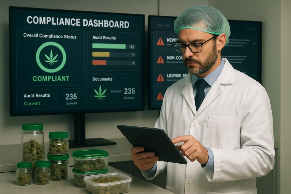 Cannabis compliance officer reviewing ERP dashboards and digital regulatory reports.