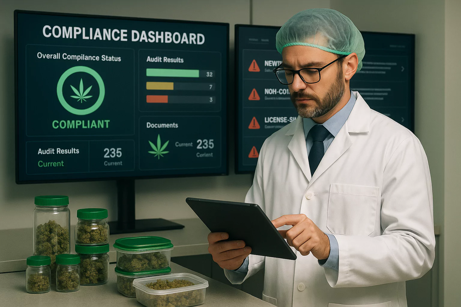 Cannabis compliance officer reviewing ERP dashboards and digital regulatory reports.