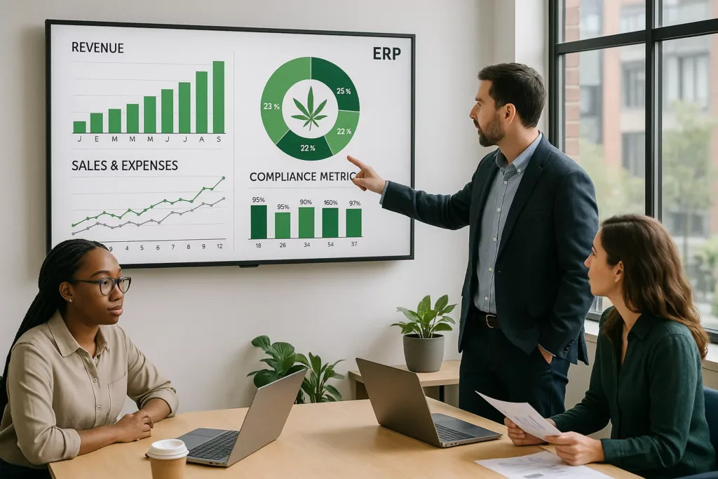 Cannabis business managers analyzing centralized ERP data dashboards together.