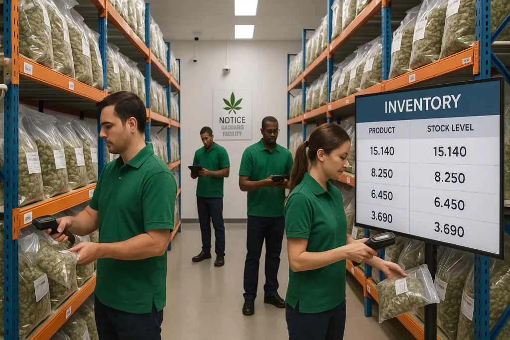 Cannabis warehouse staff using RFID scanners for real-time inventory management.