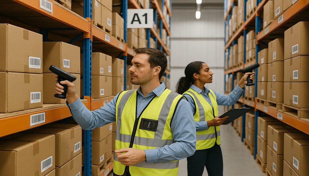 Warehouse staff performing cycle counts with barcode scanners for inventory accuracy.