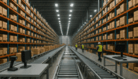 "Modern warehouse with automated conveyor belts and barcode scanners ensuring precise inventory management."