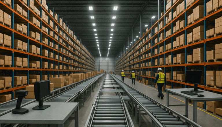 "Modern warehouse with automated conveyor belts and barcode scanners ensuring precise inventory management."