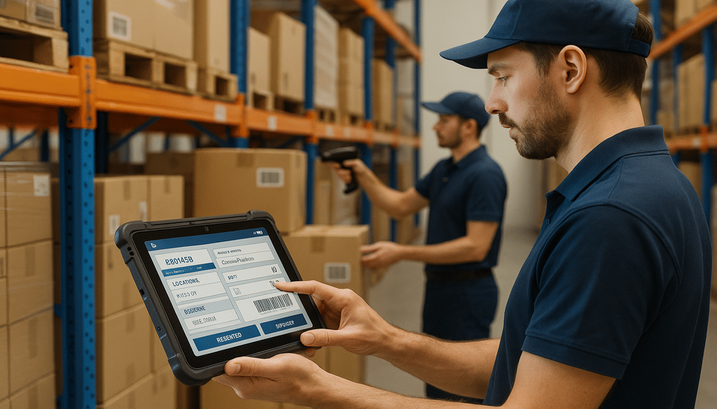 Warehouse staff using tablets and barcode scanners for accurate inventory management.