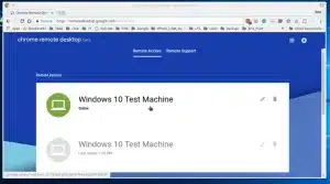 Remote desktop connection interface showing Windows 10 Test Machine access options