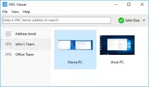 VNC Viewer interface showing remote desktop connections between home and work computers