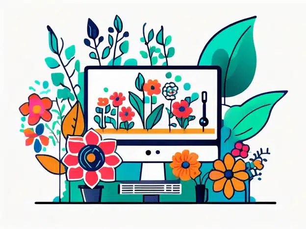 Computer monitor displaying colorful flowers surrounded by botanical plants and leaves illustration