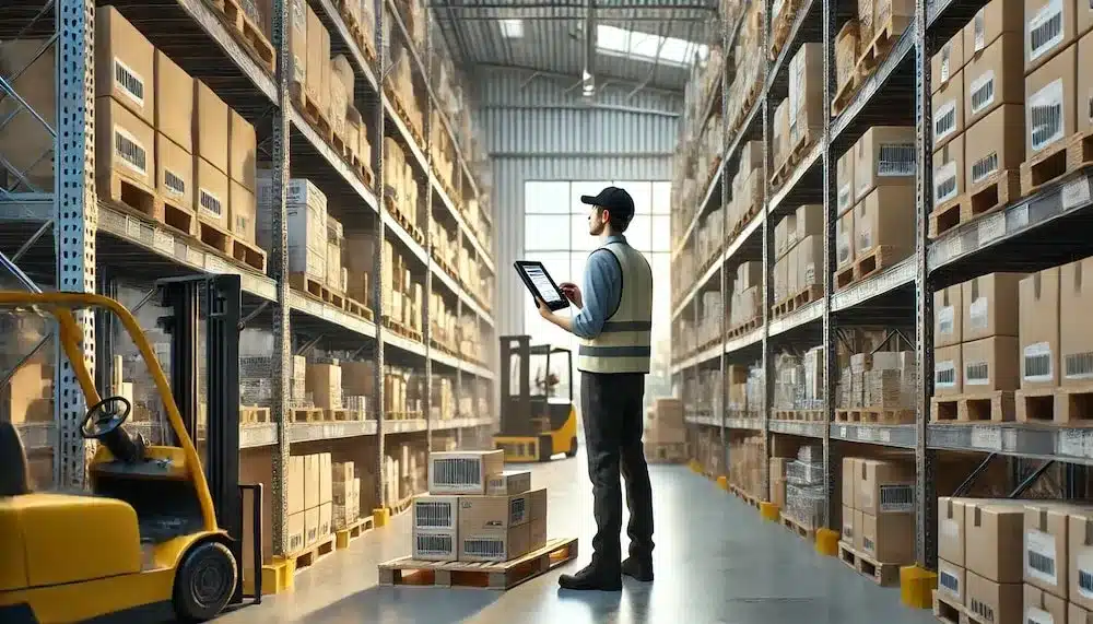 Warehouse worker conducting cycle count inventory audit with tablet among shelved boxes