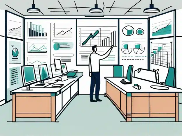 Business analyst reviewing yard management system dashboards and performance metrics on office walls