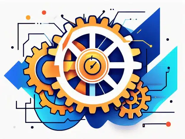 Colorful interlocking gears with clock symbolizing streamlined supply chain automation software