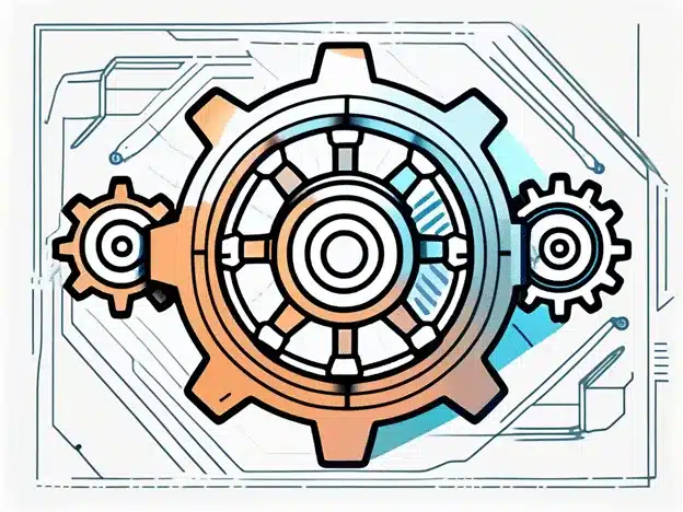 Interconnected gear system with circuit board design representing supply chain automation software