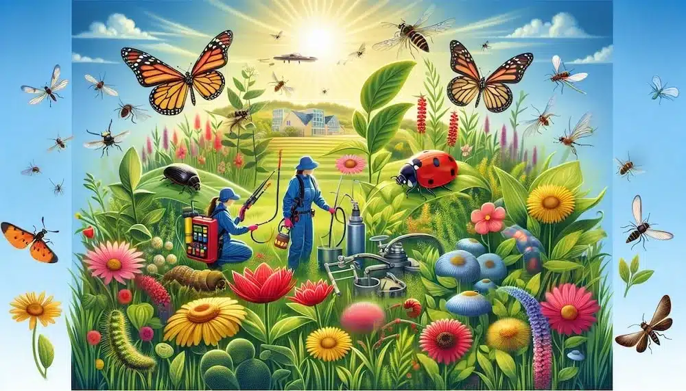 IPM professionals using eco-friendly pest control methods in biodiverse garden ecosystem