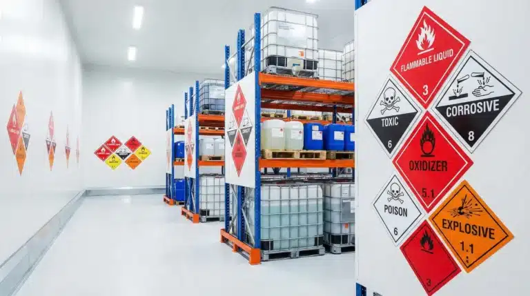 Hazardous material warning symbols in red diamond shapes for hazmat warehouse storage