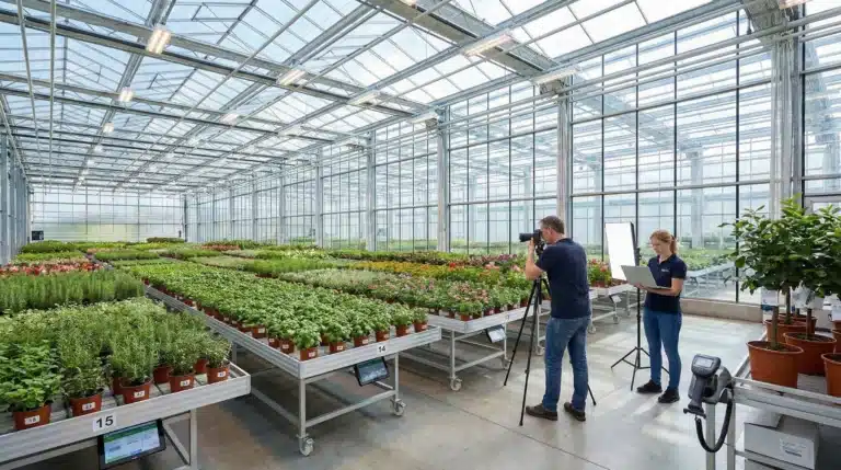 Commercial greenhouse with organized rows of potted plants for efficient inventory management