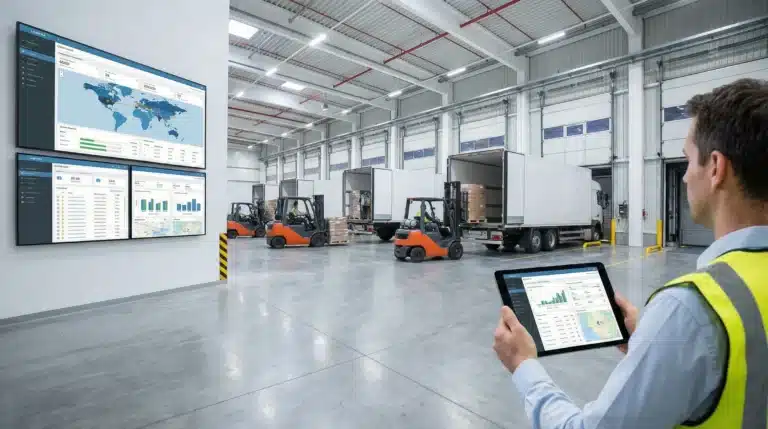 3PL warehouse operations with trucks, inventory tracking tablet, and logistics management systems