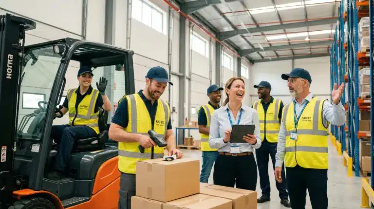 smiling workers of different warehouse positions
