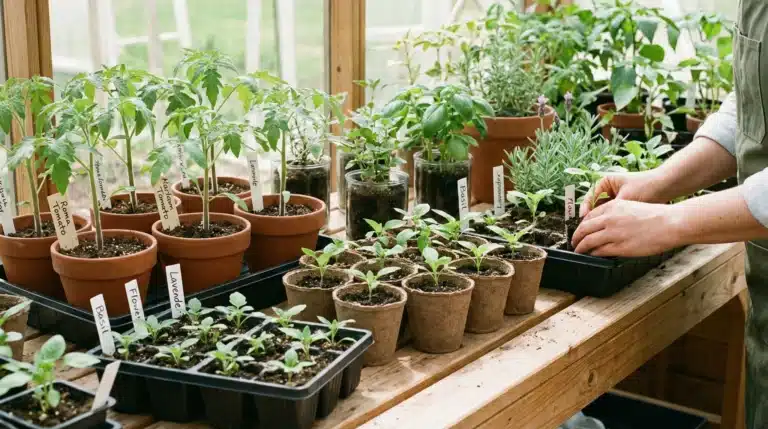 Person tending organized plant seedlings and herbs with labels in nursery greenhouse