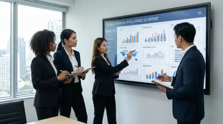 Three business professionals analyzing charts and data visualizations on dashboard for business intelligence reporting