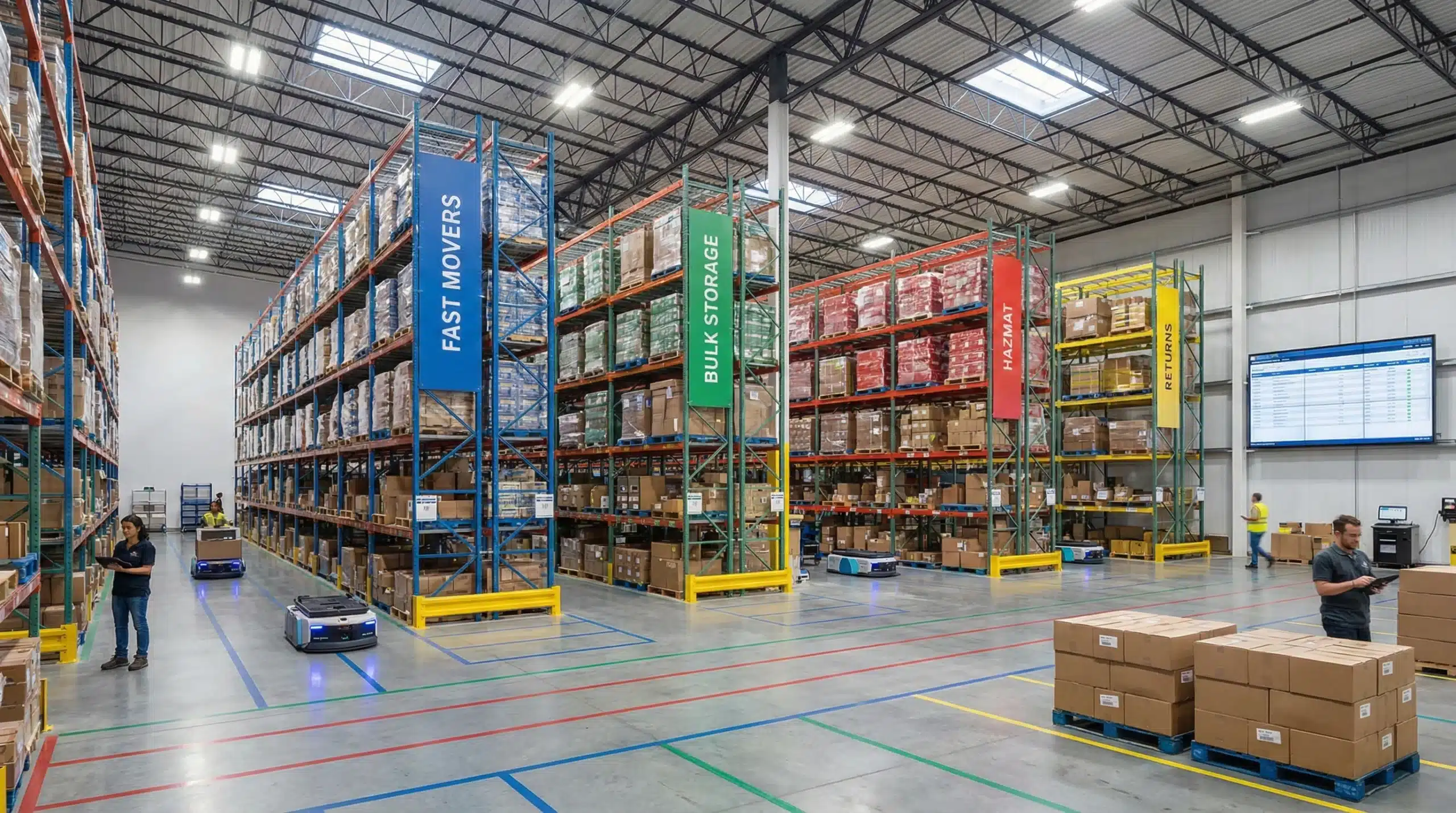 Modern warehouse facility with organized color-coded storage racks and systematic slotting layout