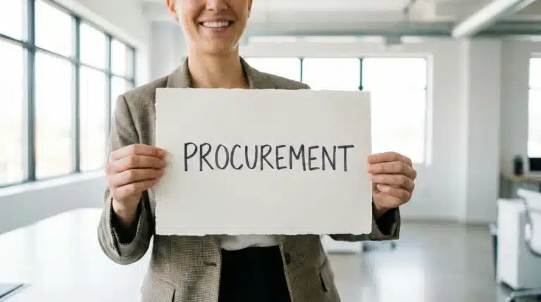a person holding a piece of paper with the words procurement on it