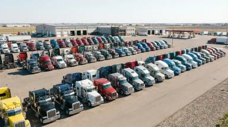 Semi-trucks parked in organized rows at commercial trucking yard facility