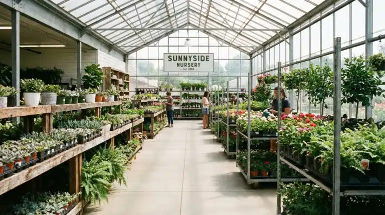 A plant nursery with a variety of plants neatly organized on shelves