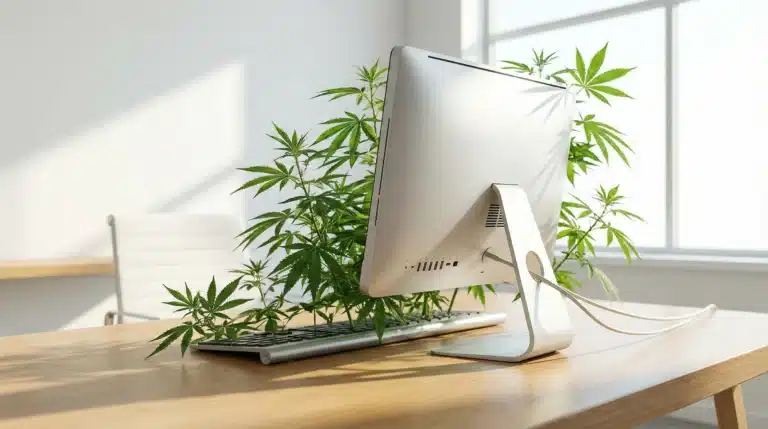 A computer with cannabis leaves sprouting from it