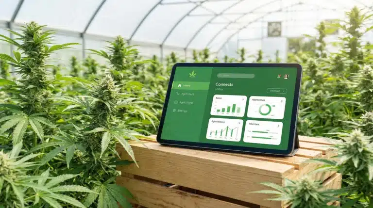 A digital tablet amidst lush cannabis plants