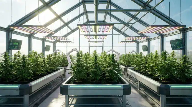 A high-tech greenhouse filled with thriving cannabis plants