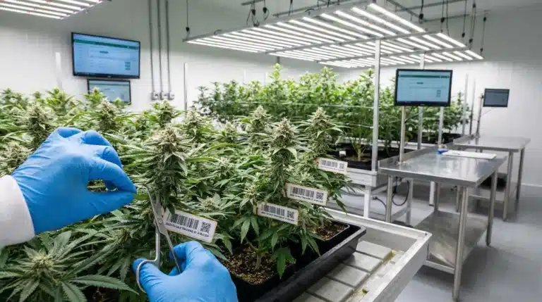 Hands in gloves trimming cannabis plants with scissors for seed-to-sale tracking