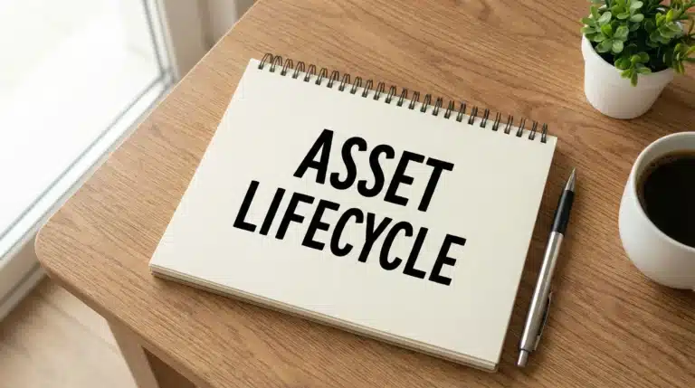 Spiral-bound notepad with Asset Lifecycle text written in bold black letters on wooden desk surface