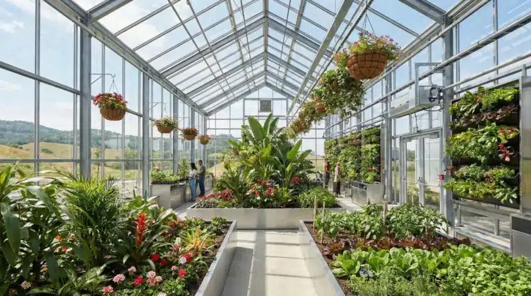 A modern greenhouse filled with various plants