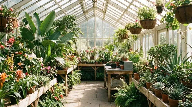 A greenhouse filled with various types of plants