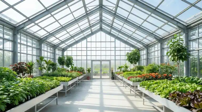 A high-tech greenhouse with various plants inside