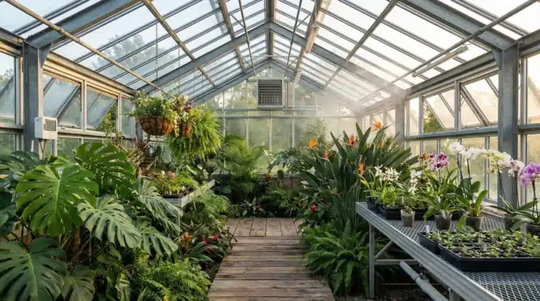 A modern greenhouse filled with various plants