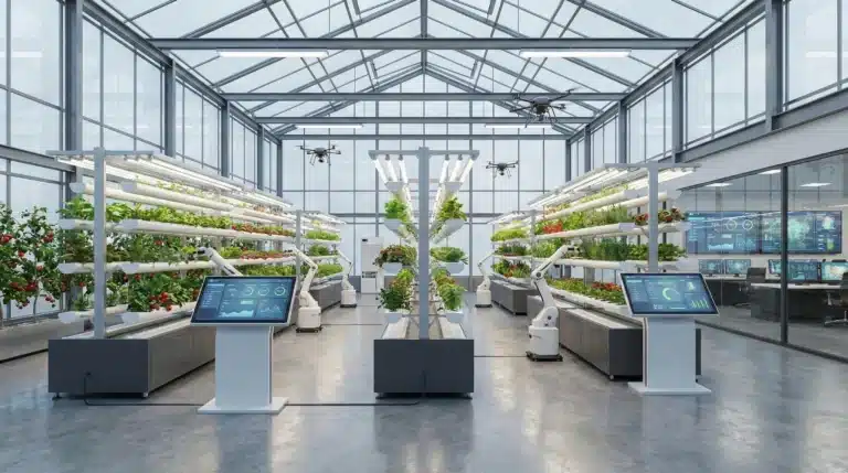 Modern greenhouse interior with organized growing systems and digital management technology