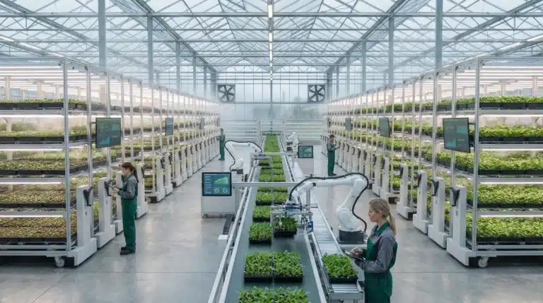 Modern greenhouse interior with organized plant nursery management systems and growing equipment