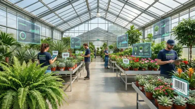 Modern greenhouse with workers using digital inventory management systems and barcode scanners for plant tracking