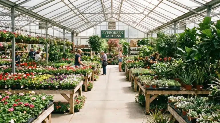 A plant nursery with various plants and flowers