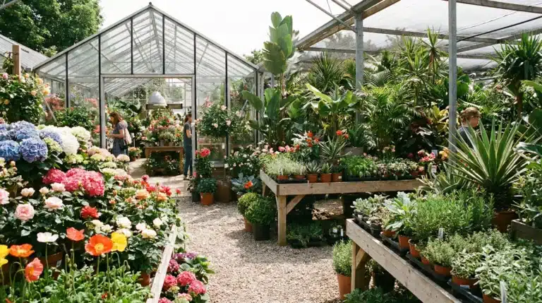 A vibrant plant nursery with various types of plants and flowers