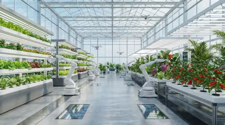 A high-tech greenhouse filled with various plants