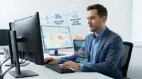 man working at computer with features of supply chain management graphical overlay