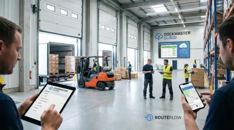 Warehouse dock door scheduling illustration with workers managing shipments, forklift loading truck, cloud-based checklist system, and mobile delivery tracking app
