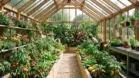 A vibrant greenhouse filled with various plants and vegetables