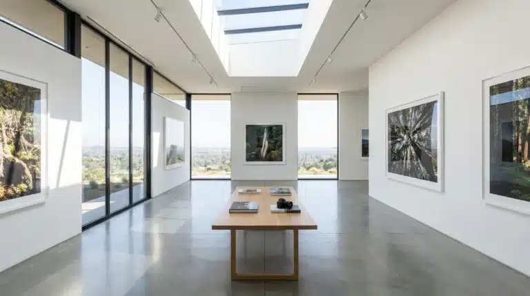Modern minimalist gallery space with floor-to-ceiling windows and polished concrete floors