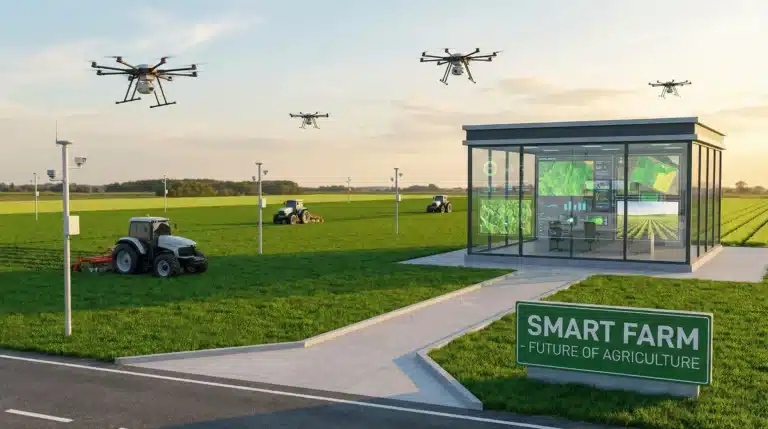 Modern smart farm with computer vision technology, drones, and precision agriculture systems