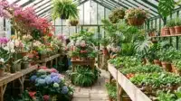 A vibrant greenhouse filled with a variety of thriving plants