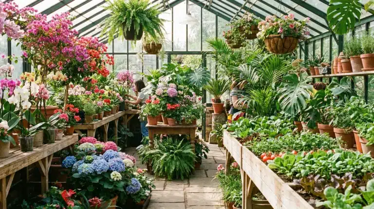 A vibrant greenhouse filled with a variety of thriving plants