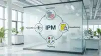 Integrated Pest Management IPM diagram with icons showing pest control methods and targeting