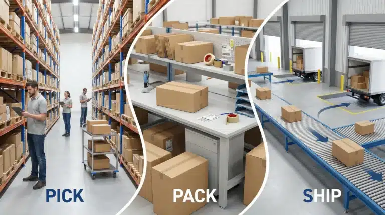 illustration of pick pack ship processes in warehouse